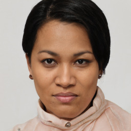 Joyful latino young-adult female with short  black hair and brown eyes