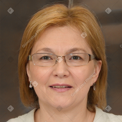 Joyful white adult female with medium  brown hair and blue eyes