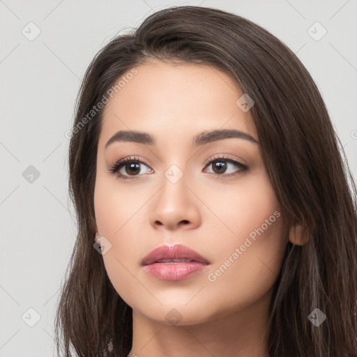 Neutral white young-adult female with long  brown hair and brown eyes