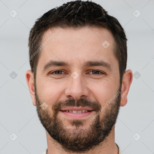 Joyful white young-adult male with short  brown hair and brown eyes