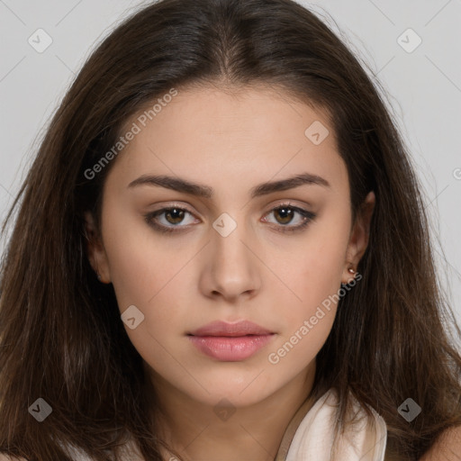 Neutral white young-adult female with long  brown hair and brown eyes