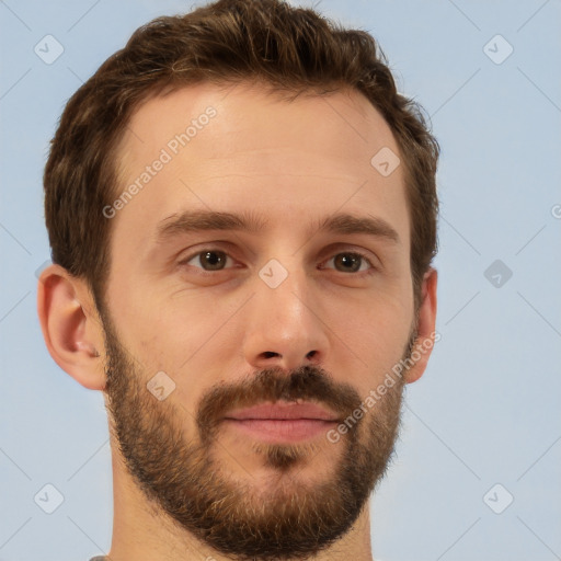 Neutral white young-adult male with short  brown hair and brown eyes