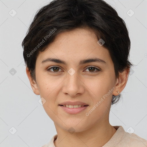 Joyful white young-adult female with short  brown hair and brown eyes