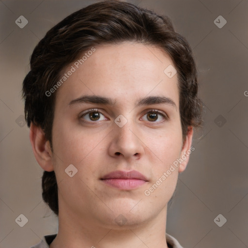 Neutral white young-adult male with short  brown hair and grey eyes