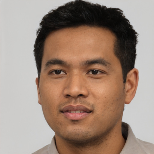 Neutral asian young-adult male with short  black hair and brown eyes