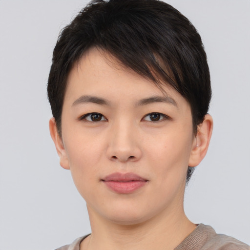 Neutral asian young-adult female with short  brown hair and brown eyes