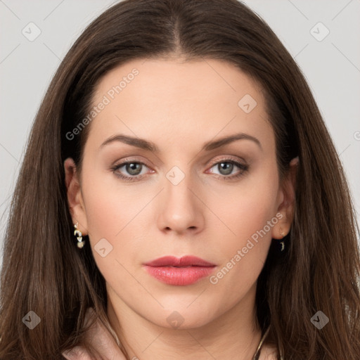 Neutral white young-adult female with long  brown hair and grey eyes