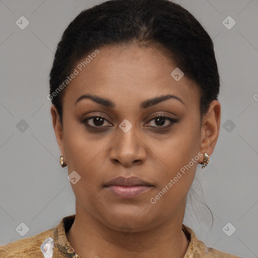 Joyful latino young-adult female with short  brown hair and brown eyes