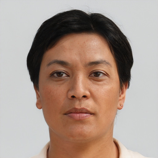 Neutral asian adult female with short  brown hair and brown eyes