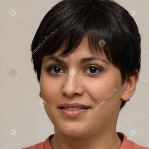 Joyful white young-adult female with short  brown hair and brown eyes