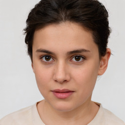 Neutral white young-adult female with short  brown hair and brown eyes