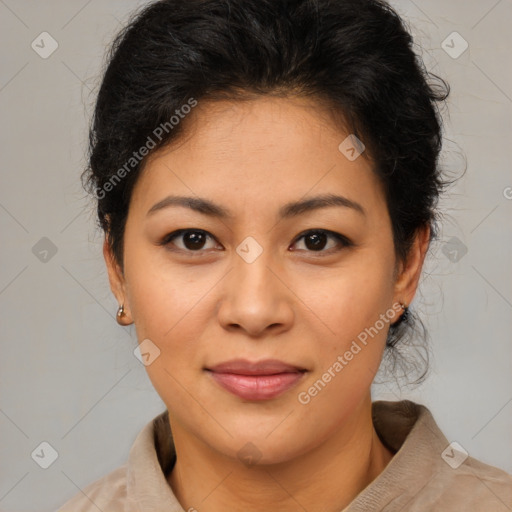 Joyful asian young-adult female with short  brown hair and brown eyes