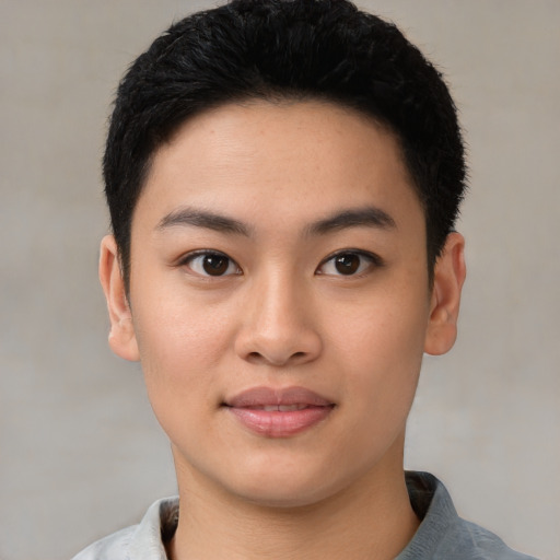 Joyful white young-adult female with short  black hair and brown eyes