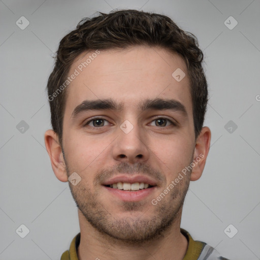 Neutral white young-adult male with short  brown hair and brown eyes