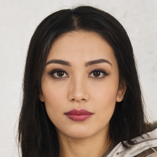 Neutral asian young-adult female with long  black hair and brown eyes