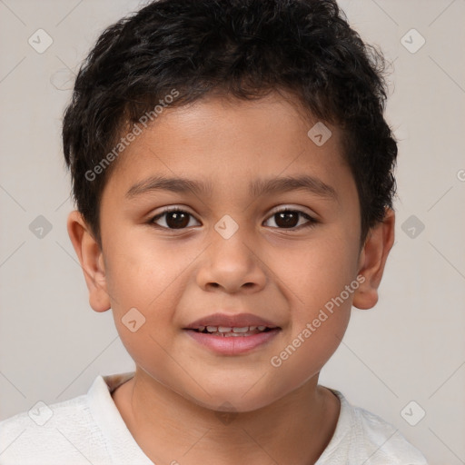 Joyful white child male with short  brown hair and brown eyes