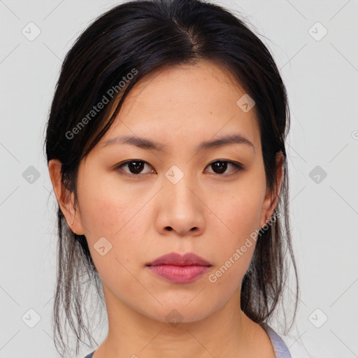 Neutral asian young-adult female with medium  brown hair and brown eyes