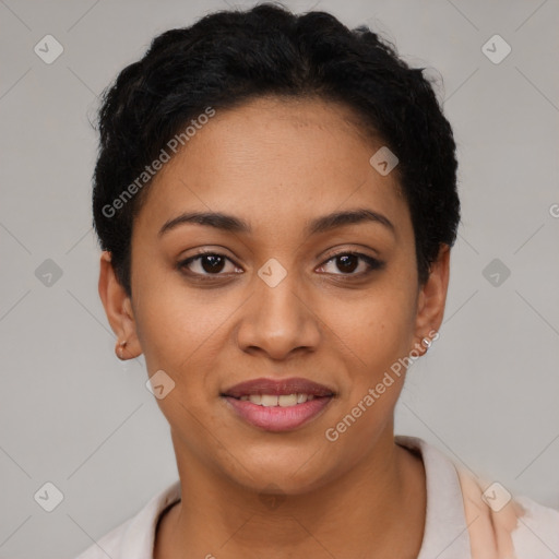 Joyful latino young-adult female with short  brown hair and brown eyes