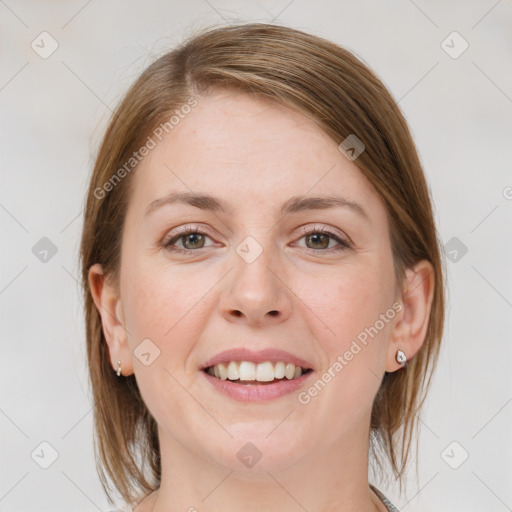 Joyful white young-adult female with medium  brown hair and blue eyes