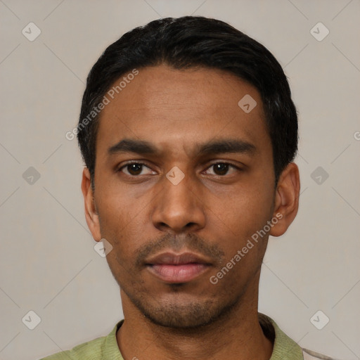 Neutral latino young-adult male with short  black hair and brown eyes