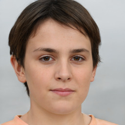 Neutral white young-adult female with short  brown hair and brown eyes