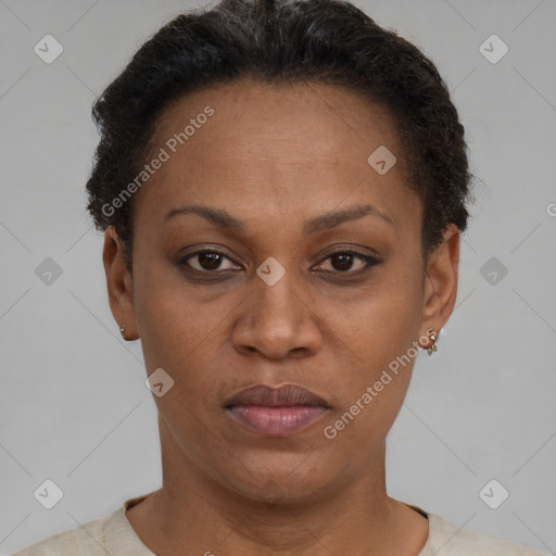 Joyful black adult female with short  brown hair and brown eyes