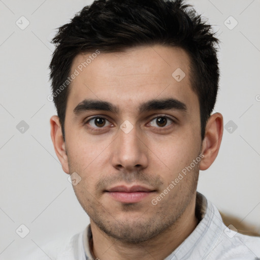 Neutral white young-adult male with short  brown hair and brown eyes