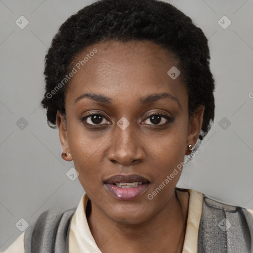 Neutral black young-adult female with short  black hair and brown eyes