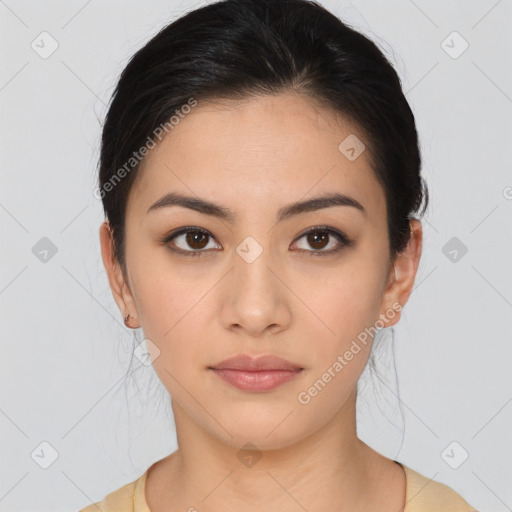 Neutral asian young-adult female with medium  brown hair and brown eyes