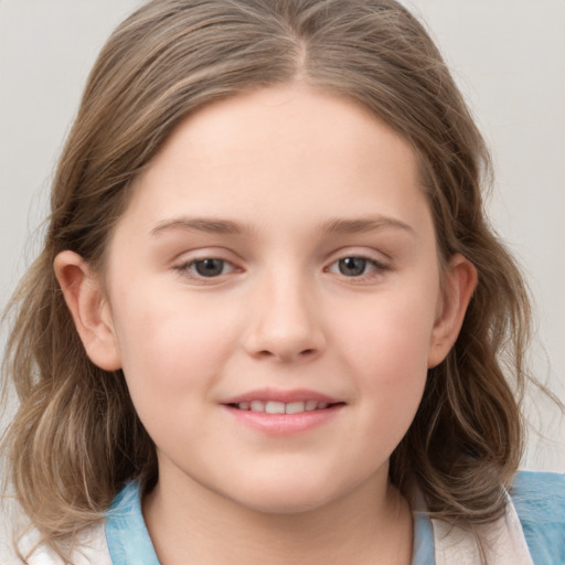 Joyful white child female with medium  brown hair and grey eyes