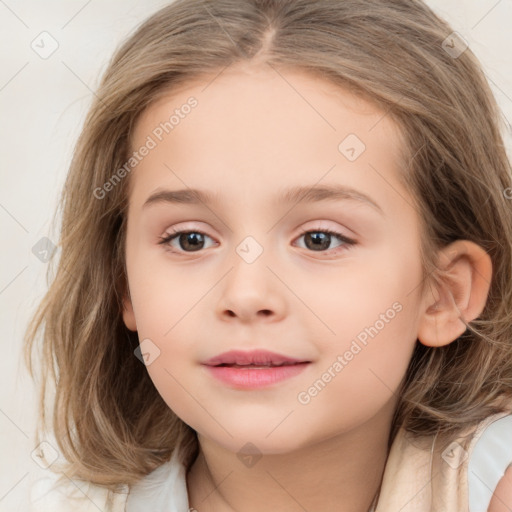 Joyful white child female with medium  brown hair and brown eyes