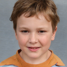 Joyful white child male with short  brown hair and grey eyes