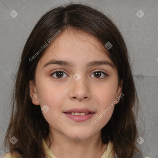 Joyful white child female with medium  brown hair and brown eyes