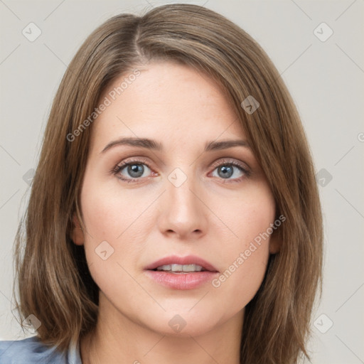 Neutral white young-adult female with medium  brown hair and grey eyes