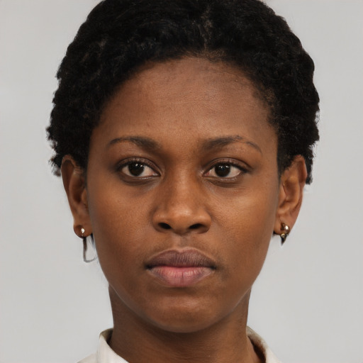 Neutral black young-adult female with short  black hair and brown eyes