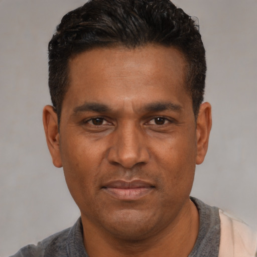 Joyful black adult male with short  black hair and brown eyes