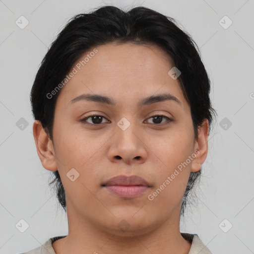 Neutral asian young-adult female with medium  brown hair and brown eyes