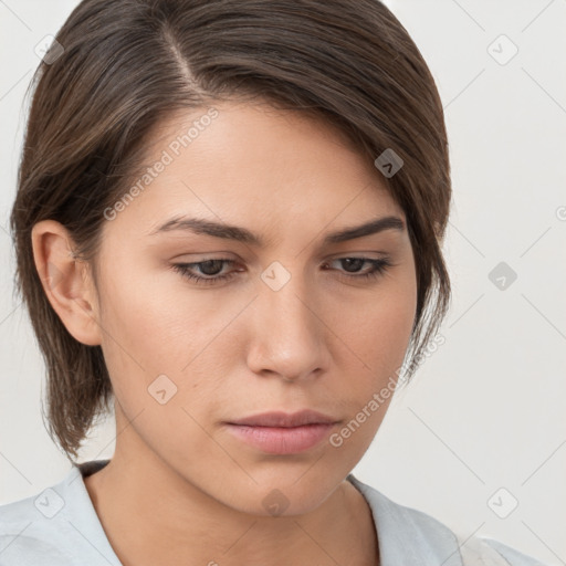 Neutral white young-adult female with medium  brown hair and brown eyes