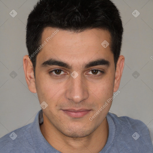 Joyful white young-adult male with short  black hair and brown eyes