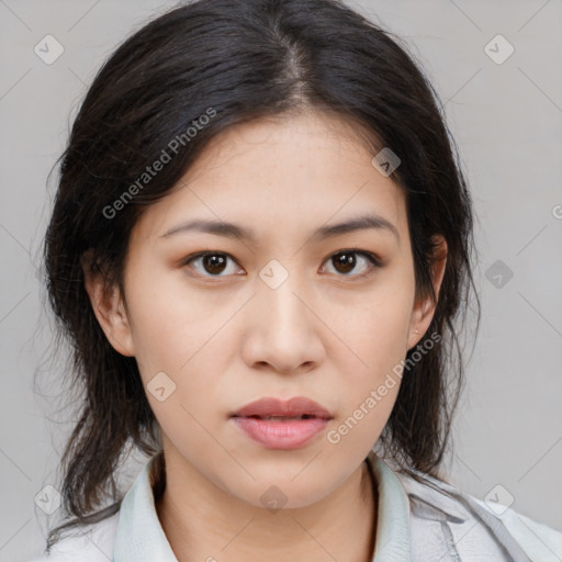 Neutral asian young-adult female with medium  brown hair and brown eyes