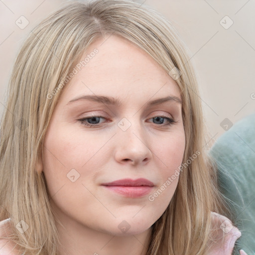 Neutral white young-adult female with long  brown hair and blue eyes