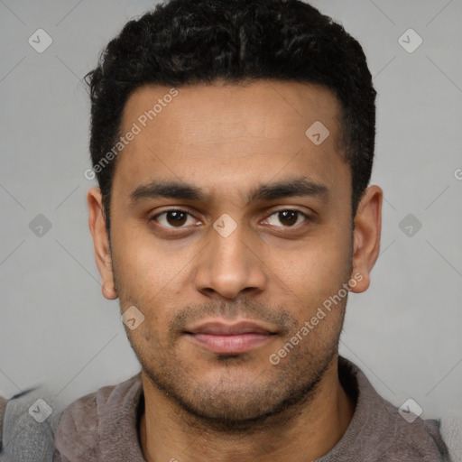 Neutral latino young-adult male with short  black hair and brown eyes