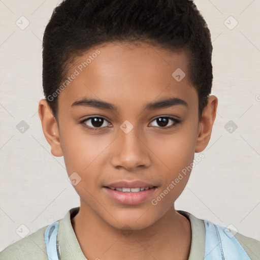 Joyful white child female with short  brown hair and brown eyes