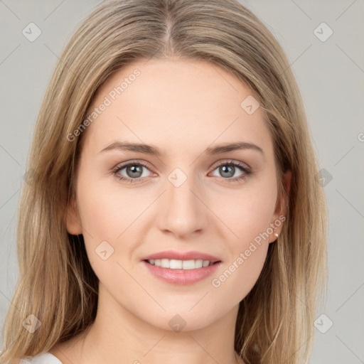 Joyful white young-adult female with medium  brown hair and green eyes