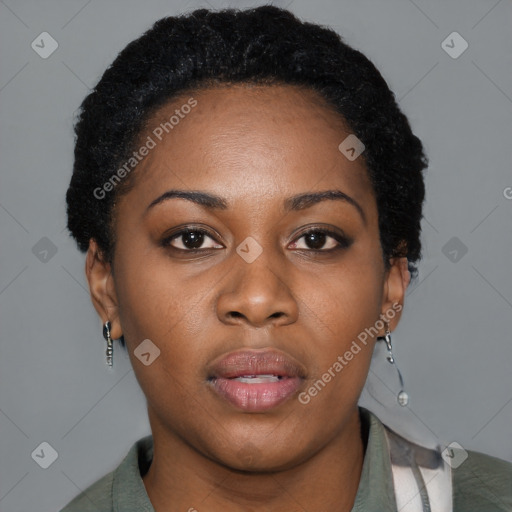 Neutral black young-adult female with short  black hair and brown eyes