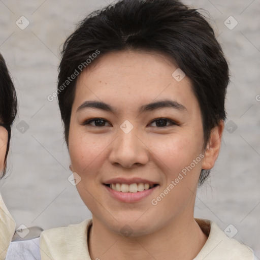 Joyful asian young-adult female with medium  brown hair and brown eyes