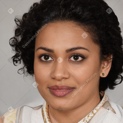 Joyful latino young-adult female with medium  brown hair and brown eyes