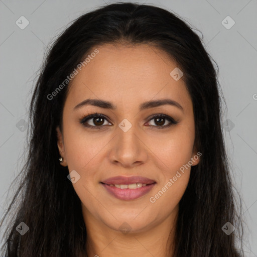 Joyful latino young-adult female with long  brown hair and brown eyes