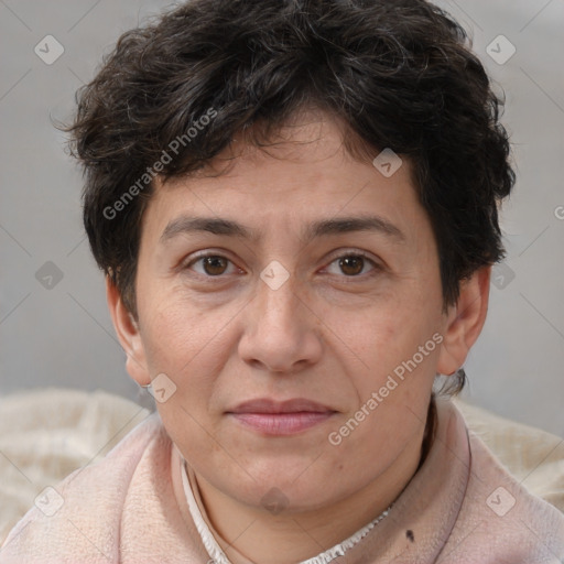 Joyful white adult female with short  brown hair and brown eyes