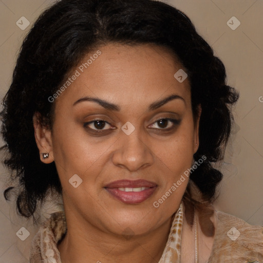 Joyful black adult female with medium  brown hair and brown eyes